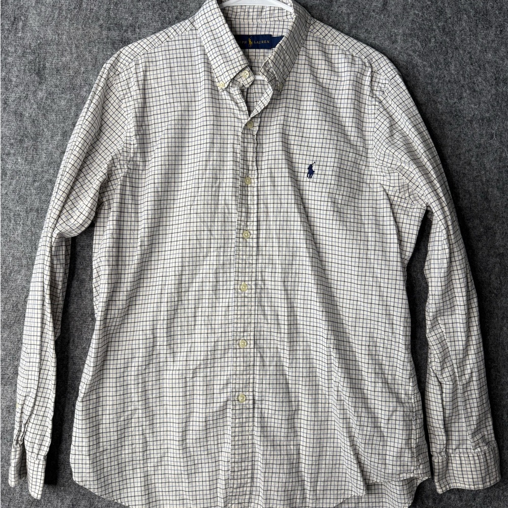 Ralph Lauren Men’s L Button-Down Shirt White Blue Check Long Sleeve Pony Logo
